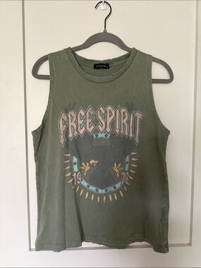 Zutter Free Spirit Olive Graphic Tank Top distressed neck line
